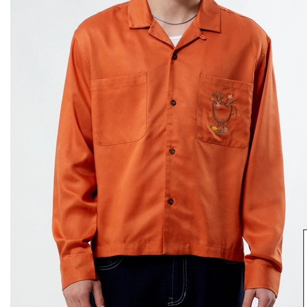 Pacsun Crimson Pub Graphic Button Up Shirt Orange Long Sleeve Men's Size S